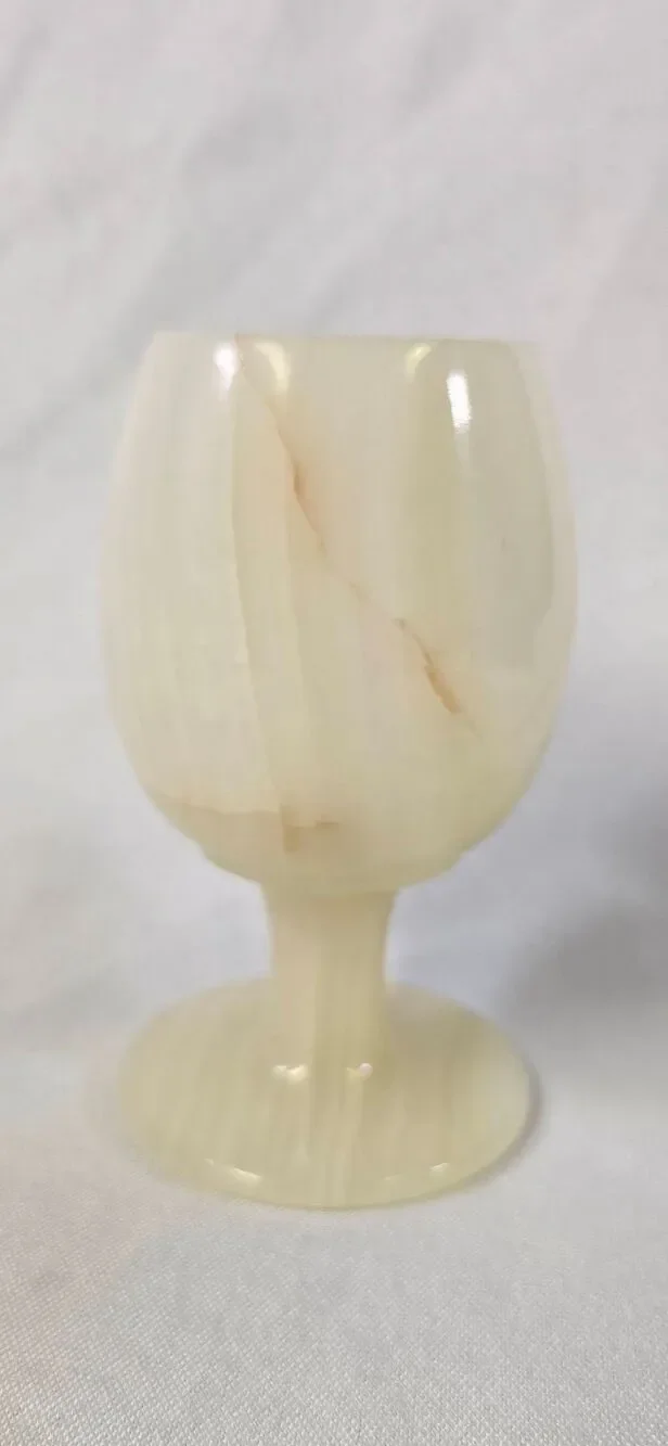 Vintage Hand-Carved Onyx Stone Goblet Chalice | Cream & Brown Marbled Wine Glass